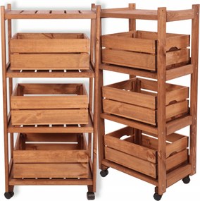 Fa gurulós könyvespolc 3 Dobozos ládatartó állvány Eko mobil könyvespolc