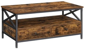 Dohányzóasztal, két fiókkal, tároló polccal, acélkerettel, rusztikus barna, 100x55x45cm