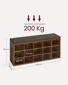Cipőtartó pad, tárolós pad párnázott ülőfelülettel 30 × 105 × 48 cm, rusztikus barna színben