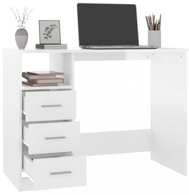magasfényű fehér szerelt fa íróasztal fiókokkal 102x50x76 cm
