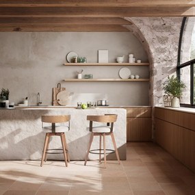 Krémszínű-natúr színű kárpitozott karfás bárszék szett 2 db-os Ilia – MOME