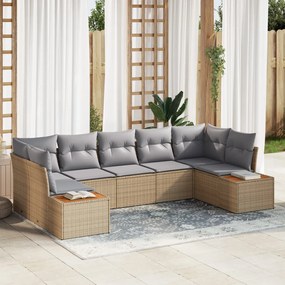 7 Részes Kerti Sofa Készlet Párnákkal Bézs Poli Rattan Akác