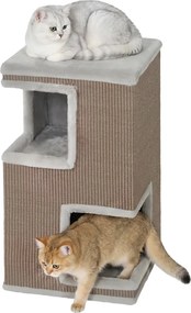 PawHut Macskabarlang 3 emeletes beltéri macskahordó, félig zárt macskabarlang körös-körüli kaparófelületekkel, világosbarna