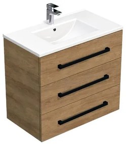 Fürdőszobaszekrény fekete fogantyúval és mosdókagylóval SAT Cube Way 80x76,5x46 cm tölgy Hickory szőnyeg CUBE46C803DHMOD
