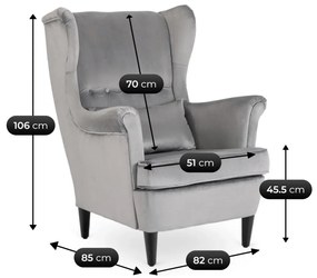 Elegáns Füles Fotel Lábtartóval Szürke Bársony Kárpittal. EVAN 2