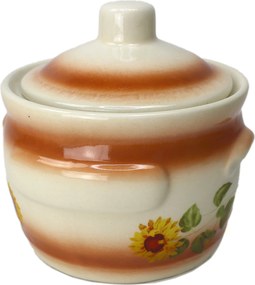 0,5 l-es kerámia zsírtartó, kézzel díszített napraforgó motívummal
