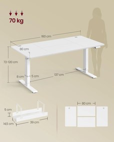 VASAGLE Elektromos állítható magasságú íróasztal USB-C porttal, 160x80 cm, fehér