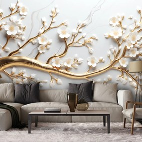 Gario Fotótapéta Fehér virágok egy arany ágon Anyag: Vlies, Méret: 400 x 280 cm
