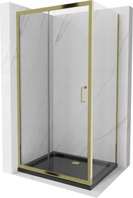 Mexen Apia zuhanykabin tolóajtóval 100 (ajtó) x 90 (fali) cm, 5mm átlátszó üveg, arany profil + fekete SLIM zuhanytálca, 840-100-090-50-00-4070G