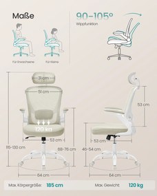 SONGMICS ergonomikus irodai szék, felhajtható kartámasz, cappuccino bézs