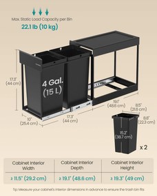 Beépíthető konyhai szemetes szelektív hulladékgyűjtéshez, 2 x 15 L dupla rekeszes, fekete