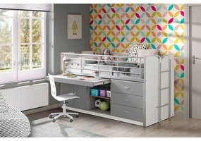 Fehér-szürke ágyneműtartós galéria gyerekágy íróasztallal, ágyráccsal 90x200 cm Bonny – Vipack
