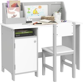 HOMCOM Gyermek íróasztal és szék szett fehér táblával, 5+ éves gyerekeknek, 90x45x85 cm, szürke | Aosom