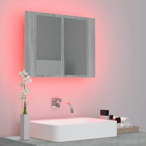 szürke sonoma színű szerelt fa tükörszekrény LED-del 60x12x45cm