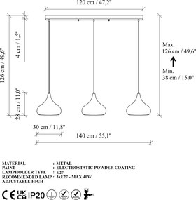 Muba 11554 fekete fém 3 izzós függőlámpa, Ø30 cm