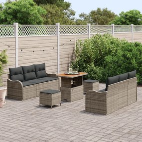 9 darabos Kerti Kanapészett Párnákkal Szürke Poli Rattan Akácia, 2 személyes Kerti Kanapé Párnákkal Szürke Poli Rattan, 3 darabos Kerti Étkezőszett Párnákkal Szürke Poli Rattan Akácia