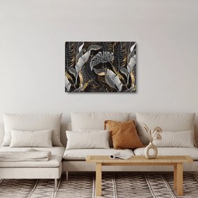 Kép - Trópusi levelek fekete és arany színben (üvegen) (70x50 cm)