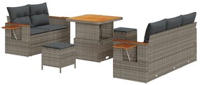 8 darabos kerti kanapészett párnákkal, szürke poli rattan akácia, 3 darabos kerti étkező szett párnákkal, szürke poli rattan akácia