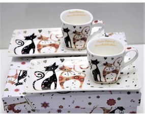 Cicás porcelán eszpresszó kávés csésze tálcával díszdobozban szíves mintával