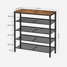 5 szintes cipőtartó 20–25 pár cipőhöz, 4 állítható hálós polccal, 75 x 28 x 93 cm, rusztikus barna és fekete