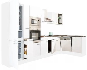Yorki 370 sarok konyhablokk fehér korpusz,selyemfényű fehér fronttal alulagyasztós hűtős szekrénnyel