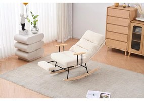 Hintaszék fa lábakkal, plüss szövettel, 4 fokozatban állítható háttámlával,  krémfehér