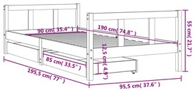 fekete tömör fenyőfa gyerekágy keret fiókkal 90x190 cm