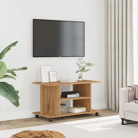 kézműves tölgyszínű szerelt fa TV-szekrény görgőkkel 80x40x45cm