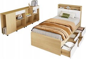 Egyszemélyes ágy 4 fiókkal 90x200 cm tároló szekrény tölgy