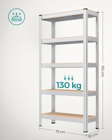 Polcos állvány, salgópolc, 130kg polconkénti teherbírással, ezüst 150x75x30cm