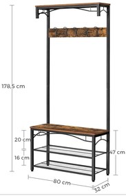 Előszoba fogas polccal, fcipőtartóval és ülőkével 80 x 32 x 178 cm, rusztikus barna