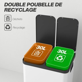 HOMCOM Konyhai Szemetes 2 x 30L Rozsdamentes Acél Pedálos Szemetes Kétrekeszes, Lassan Csukódó Fedéllel, Kivehető Belső Vödrökkel, Hulladék és Újrahas