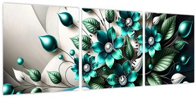 Kép - 3D türkiz virágok (órával) (90x30 cm)