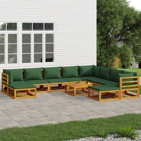 vidaXL 11 részes tömör fa kerti ülőgarnitúra zöld párnákkal