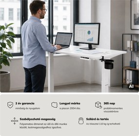 Elektromos, állítható magasságú, ergonomikus, fehér íróasztal,1200x600 mm: ARIA