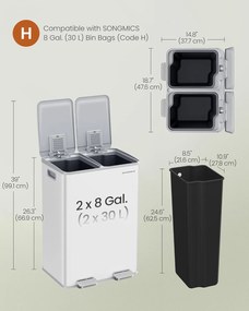 SONGMICS szelektív szemetes, 2 x 30 L, lágy záródás, matt fehér