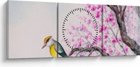 Kép - Madár egy fán rózsaszín virágokkal (órával) (90x30 cm)