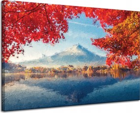 Vászonkép Színes levelek Város Hegy Víz 120x80 cm