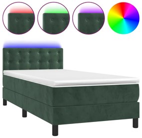 sötétzöld bársony rugós és LED-es ágy matraccal 90x190 cm