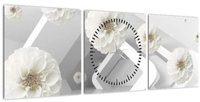 Absztrakt kép fehér virágokkal (órával) (90x30 cm)