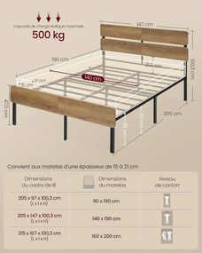 Vasagle fém ágykeret LED-del és USB-vel, 140x190 cm – Barnet