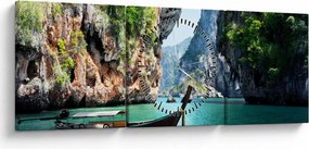 Kép - Víz mediterrán táj csónakkal (órával) (90x30 cm)