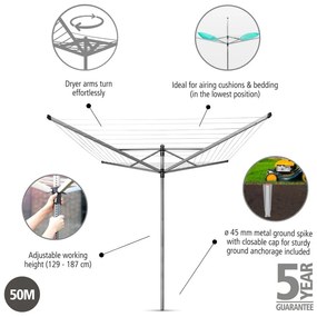 Ezüstszínű kerti ruhaszárító 50 m Lift-O-Matic – Brabantia