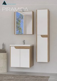 Piramida AKVA Tükrös fürdőszobai szekrény - LED világítással - FEHÉR-TÖLGY - 60 x 69 x 15 cm