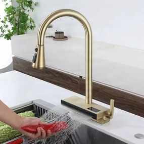 Konyhai csaptelep ELITE EDITION KFS1442 kihúzható zuhanyfejjel, vízeséses kifolyóval és LED-kijelzővel, több színváltozatban — Szálcsiszolt arany