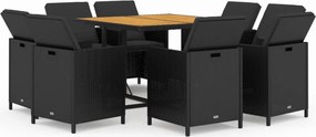 vidaXL 9 részes fekete polyrattan kerti étkezőgarnitúra párnákkal