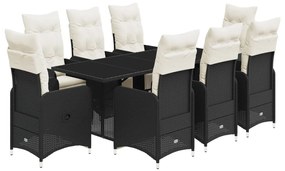 9 részes fekete polyrattan kerti bisztrógarnitúra párnákkal