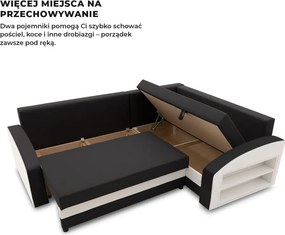 Grande sarokkanapé polcokkal , polc a jobb karfaban, jobboldali, szövet anyag, hab töltet, fekete - fehér