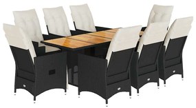 9 részes fekete polyrattan kerti étkezőgarnitúra párnákkal