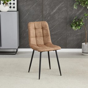 Scaun de sufragerie, material vintage maro închis, picioare metalice negre